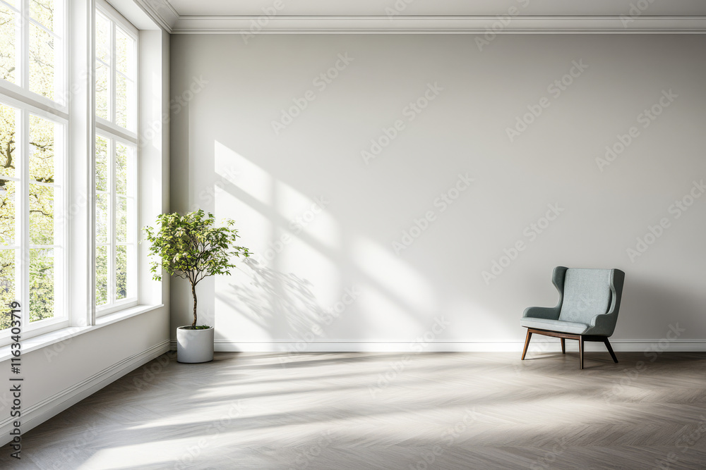 Fototapeta premium Minimalist interior design featuring a chair and a plant in bright natural light