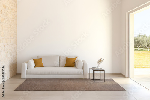 Modern living space featuring a white sofa natural decor and a view of the outdoors