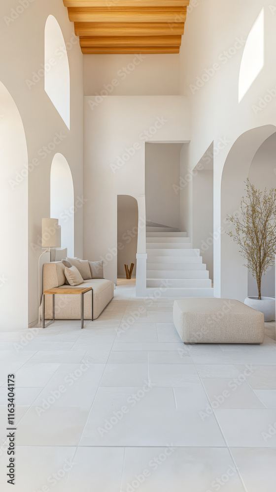 Modern minimalist interior design featuring arches and natural light in a spacious setting Modern minimalist interior design featuring arches and natural light in a spacious setting