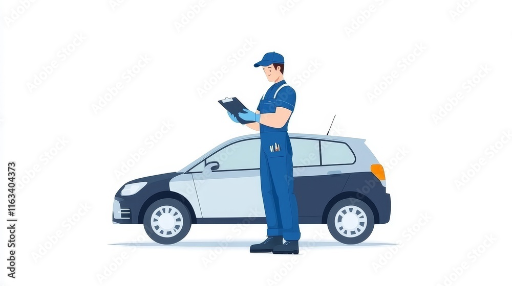 A man in a blue uniform is standing next to a car and looking at a clipboard A man in a blue uniform is standing next to a car and looking at a clipboard