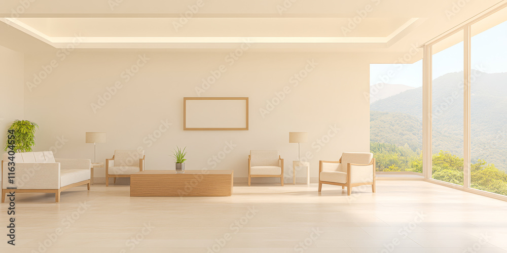 Modern minimalist living room with large windows overlooking nature to inspire relaxation Modern minimalist living room with large windows overlooking nature to inspire relaxation