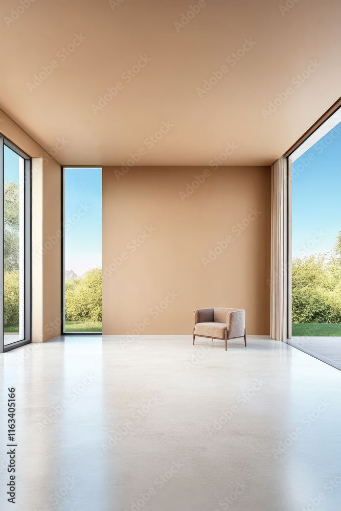 Fototapeta premium Modern minimalist interior with large windows and soft seating in serene natural setting