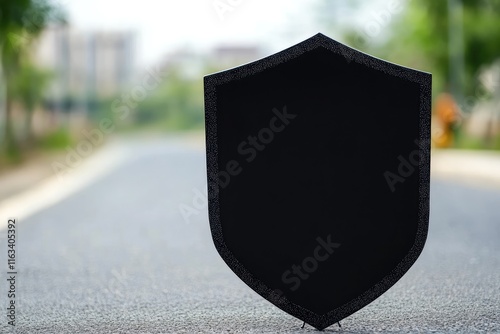 Black Shield Stands on Asphalt Road Background photo