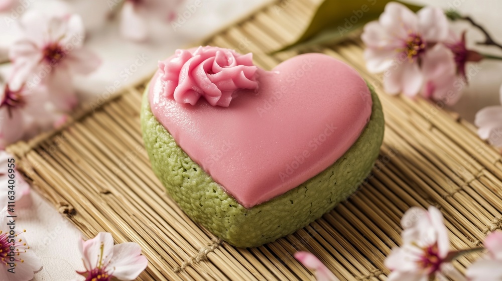 A Japanese matcha-flavored heart-shaped dorayaki filled with sweet red bean paste and topped with pink sakura icing, placed on a bamboo mat with scattered cherry blossoms and soft natural light A Japanese matcha-flavored heart-shaped dorayaki filled with sweet red bean paste and topped with pink sakura icing, placed on a bamboo mat with scattered cherry blossoms and soft natural light