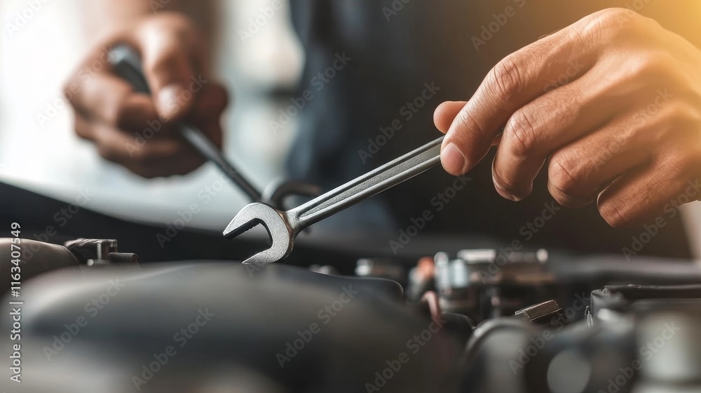 A mechanic is working on a car engine with a wrench