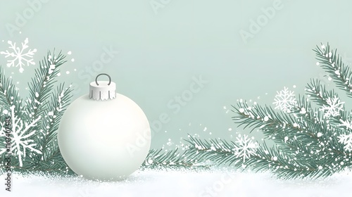 White Christmas Ornament with Snowy Pine Branches