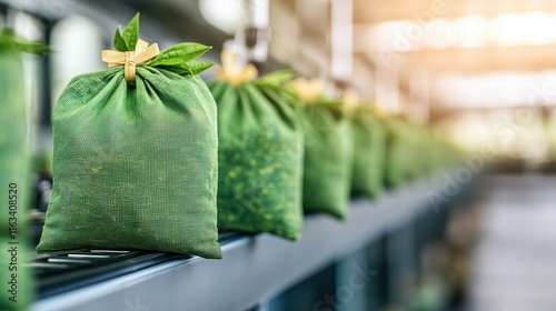 Neatly packed green tea bags arranged on a production line showcasing organic processing, sustainable packaging, and modern logistics for wholesale and retail distribution in the beverage industry.