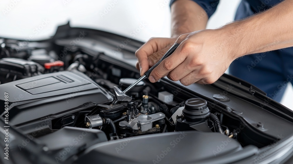 A mechanic is working on a car engine A mechanic is working on a car engine