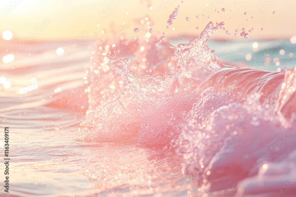 Fototapeta premium Pink Ocean Wave Splashing Sunlight Glow