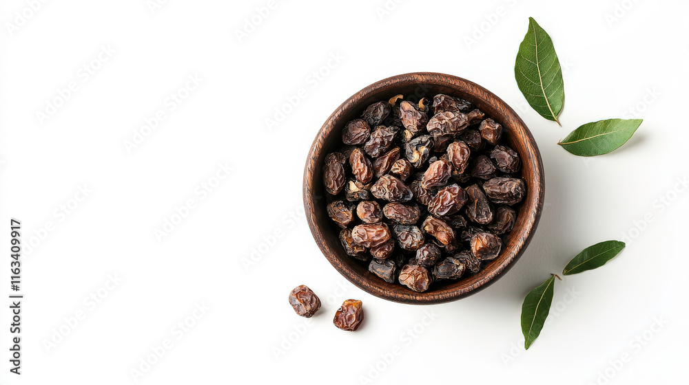 Obraz premium Bowl of Dried Raisins with Green Leaves on a White Background for Culinary, Dietary, and Healthy Lifestyle Themes