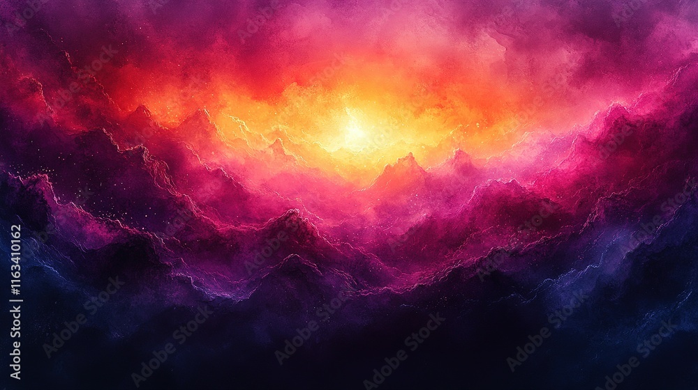 Naklejka premium Vibrant Sunset Over a Range Of Purple Mountains