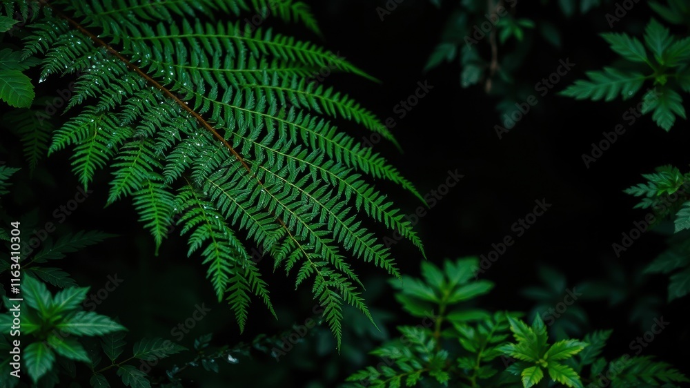 Fototapeta premium Lush Green Fern Frond with Dew Drops in Dark Foliage