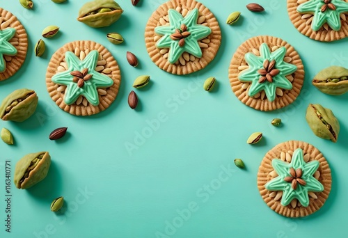 A plate of Moroccan ghoriba cookies with pistachio nuts against a mint color background photo