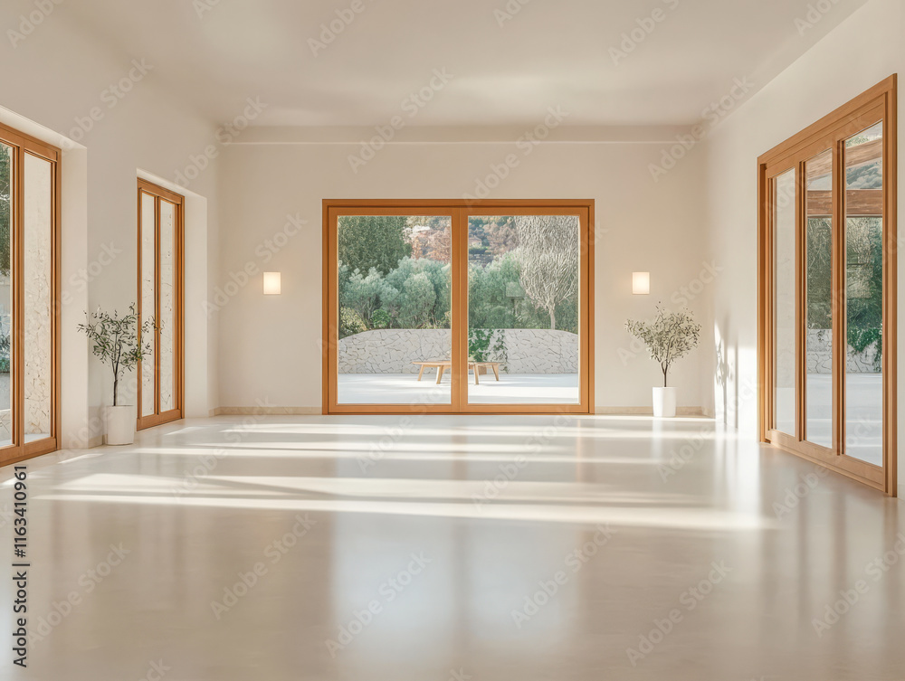 Obraz premium Bright and minimalistic room with large windows overlooking a serene outdoor view