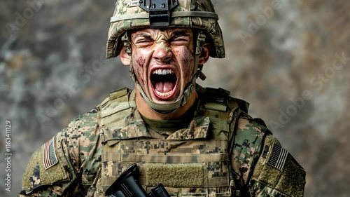 Soldier expressing intense emotion during military training in a neutral background setting showing determination and resilience