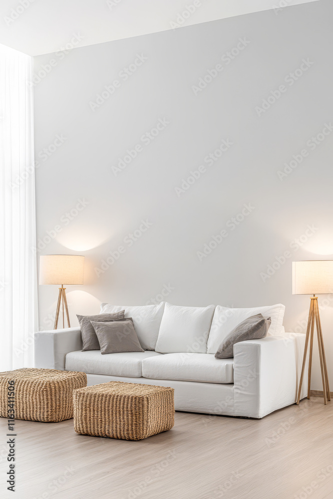 Fototapeta premium Cozy living room with white sofa and woven ottomans in a bright modern space