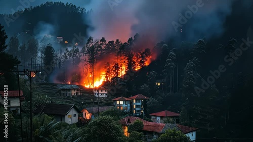 Wildfire Threatens Mountain Village: A dramatic night scene showing a raging wildfire engulfing a hillside, dangerously close to a cluster of homes nestled in a mountain village.