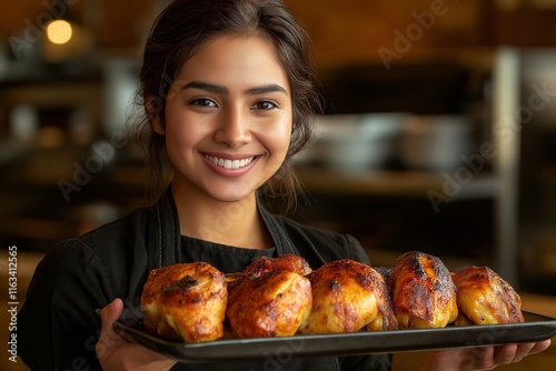 A smiling woman holds a tray of grilled meat dishes, showcasing a delicious matambre (a marinated beef flank cut), a popular food item in many Latin cuisines. photo