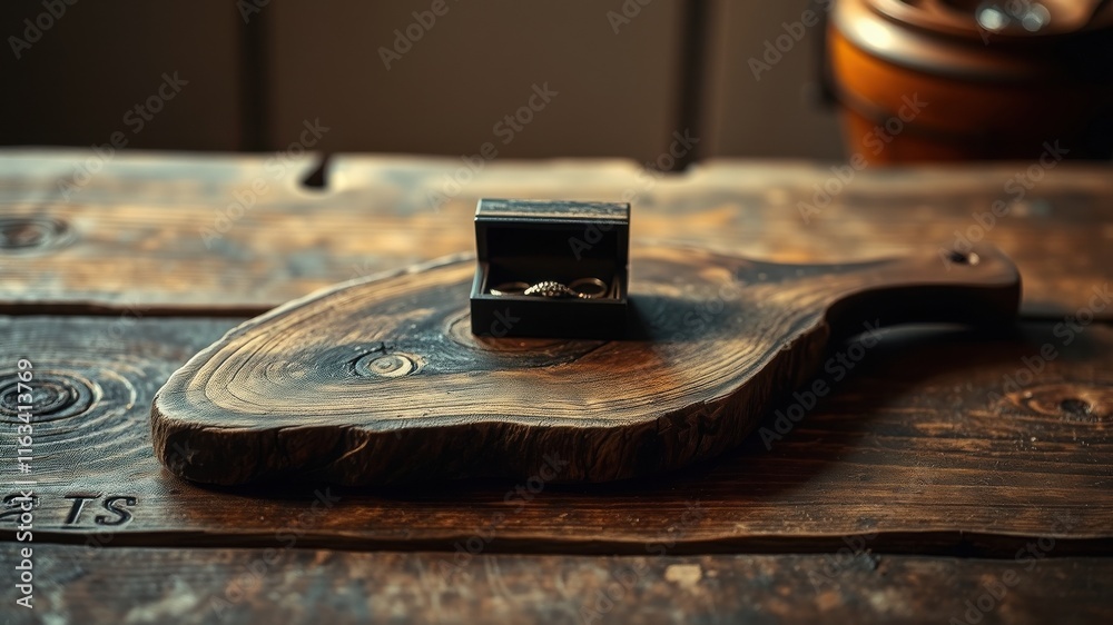 Obraz premium Rustic wooden surface showcasing a small, open jewelry box containing wedding bands