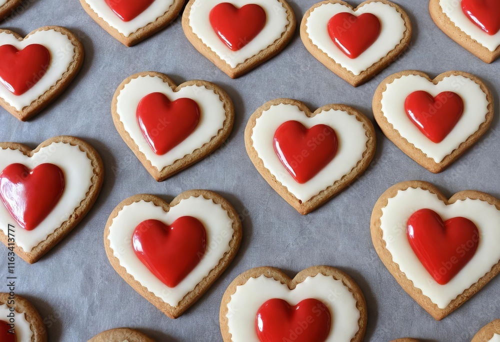 A close-up of heart-shaped cookies with pink frosting and sprinkles A close-up of heart-shaped cookies with pink frosting and sprinkles