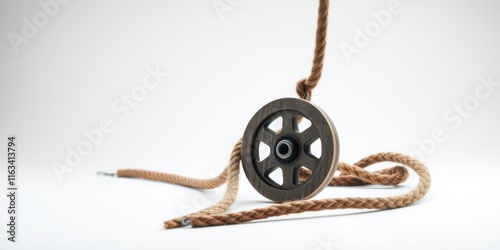 Rustic wooden pulley wheel hanging from thick rope on white background