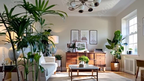 Warm and cozy spring living room interior with mockup poster frame wooden sideboard white sofa green plants stylish lamp and natural decor elements