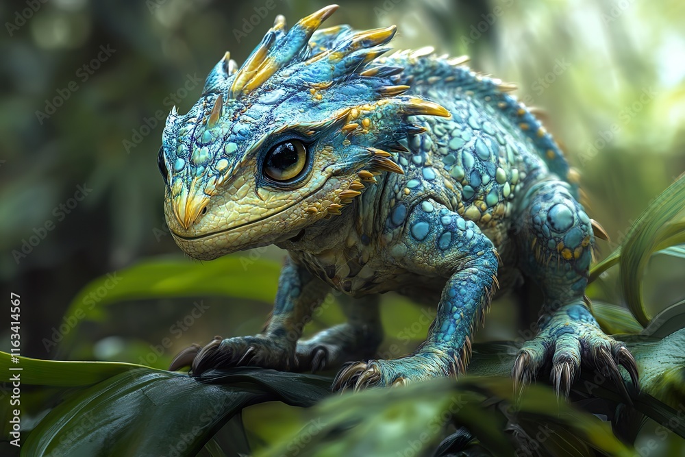 A Small Blue And Gold Dragon Perched On Lush Green Leaves A Small Blue And Gold Dragon Perched On Lush Green Leaves