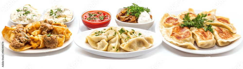 Assorted dumplings and sides on white isolate background, perfect for sharing. Assorted dumplings and sides on white isolate background, perfect for sharing.