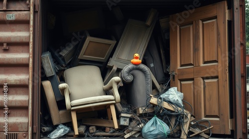 A discarded chair and door amidst a pile of junk inside a shipping container, with a rubber duck perched atop a piece of furniture.
