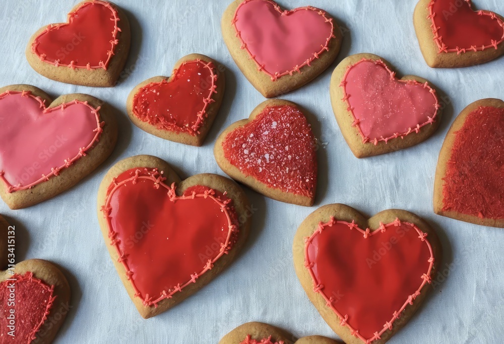 A close-up of heart-shaped cookies with pink frosting and sprinkles A close-up of heart-shaped cookies with pink frosting and sprinkles