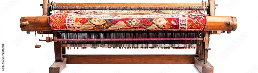 Traditional weaving loom with colorful textile, isolated on white background. Traditional weaving loom with colorful textile, isolated on white background.