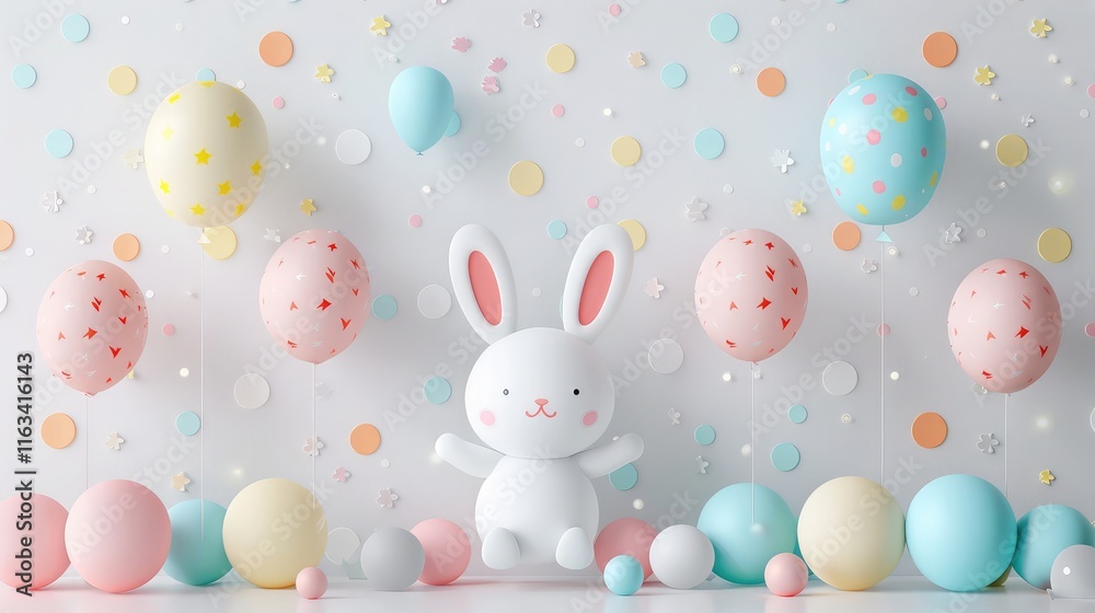 A lovely 3D sticker wallpaper design of cartoon characters and balloons floats on a bright white background