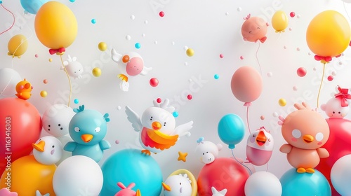 A lovely 3D sticker wallpaper design of cartoon characters and balloons floats on a bright white background
