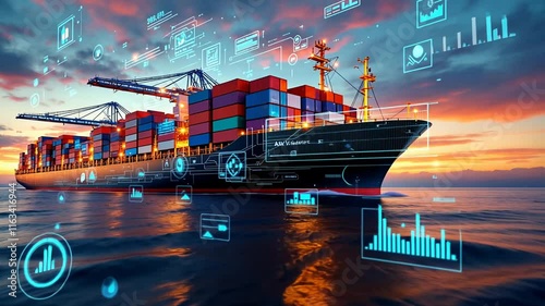 Wallpaper Mural Container ship at a digital port with glowing data and charts Torontodigital.ca