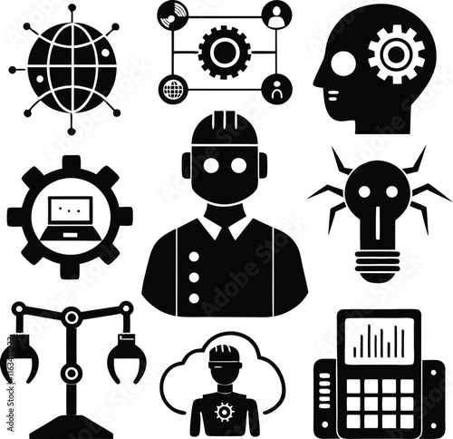 set consistent artificial intelligence silhouette vector