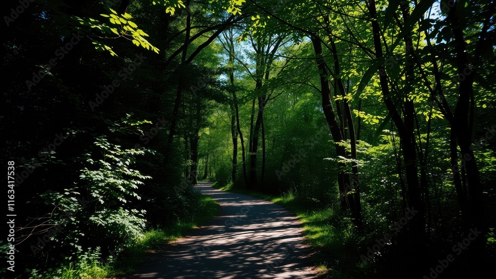 Obraz premium Sun-dappled Path Winding Through a Lush, Verdant Forest Canopy