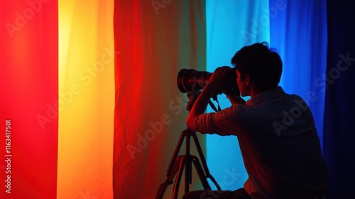 Photographer shooting photos with colorful background. photo