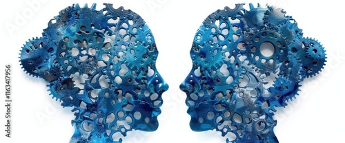 Two Blue Gear-Shaped Heads Facing Each Other