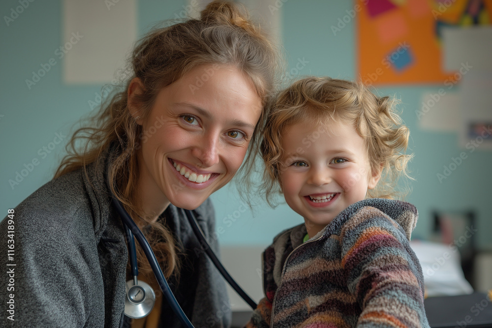 A woman and a child are smiling at the camera. Generative Ai. A woman and a child are smiling at the camera. Generative Ai.