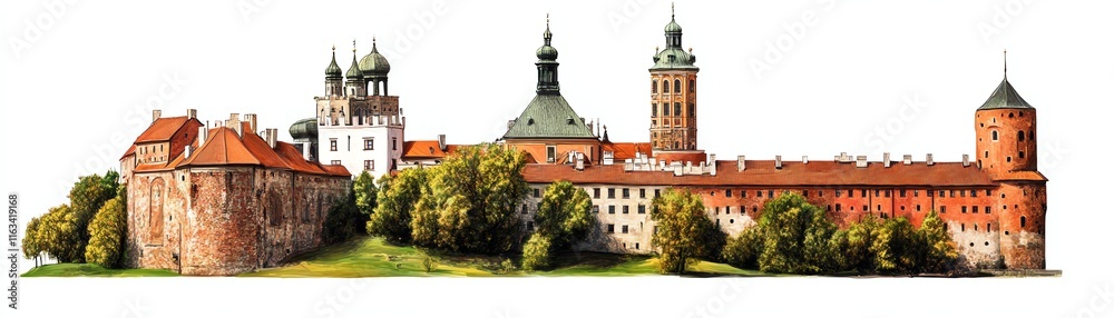 Historic castle with towers and greenery, white isolated background. Historic castle with towers and greenery, white isolated background.
