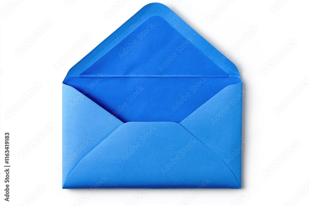 A single blue envelope lies open on a white background A single blue envelope lies open on a white background