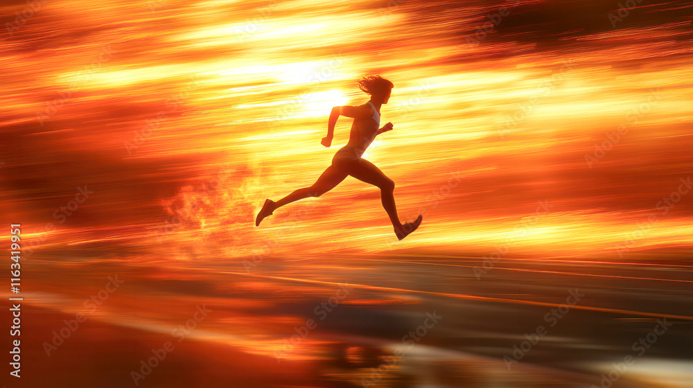 An athletic woman running on a track at sunrise, dynamic motion blur An athletic woman running on a track at sunrise, dynamic motion blur