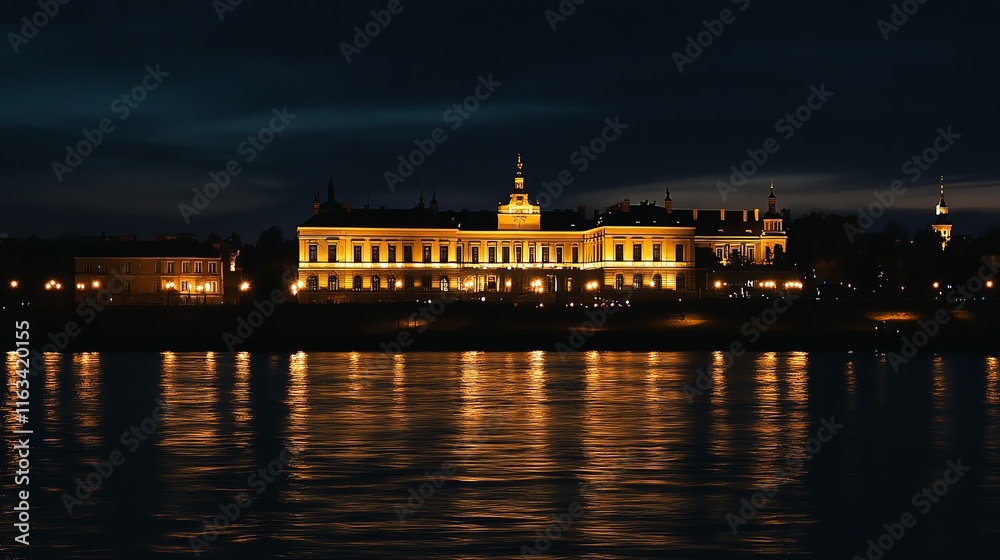 Illuminated historic building reflected in water at night. Illuminated historic building reflected in water at night.