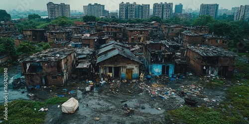 Aerial view of a densely populated slum area juxtaposed against a backdrop of modern high-rise buildings, showcasing the stark contrast between wealth and poverty in a city.