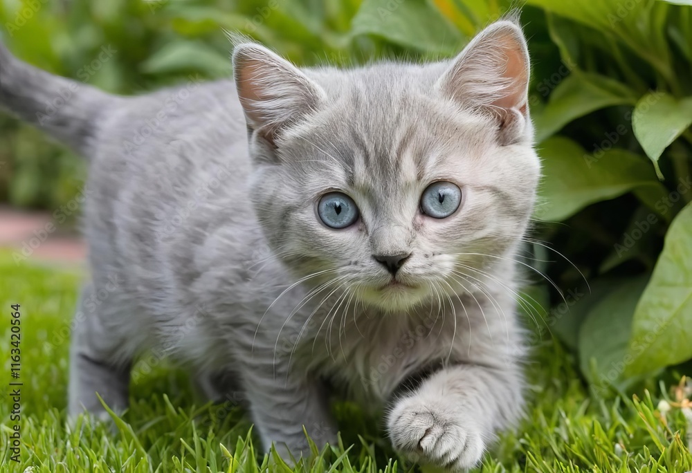 A silver cat kitten playing in a garden with flowers in the background A silver cat kitten playing in a garden with flowers in the background