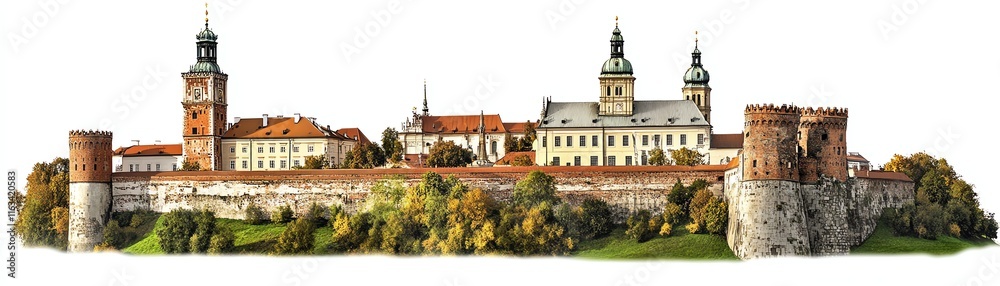 Historical castle with towers, walls, and greenery on a white isolated background Historical castle with towers, walls, and greenery on a white isolated background