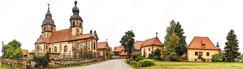 Historic church and village buildings surrounded by greenery on a clear day. Historic church and village buildings surrounded by greenery on a clear day.
