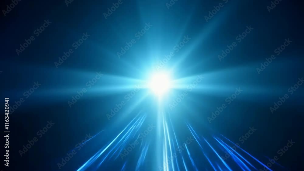 Bright abstract blue light burst. Magic energy concept. Animation footage for design or intro with copy space.