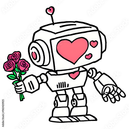 Robot in Love. valentine.  A cute robot holding a glowing heart or offering digital roses, blending technology with romance. 419 png.