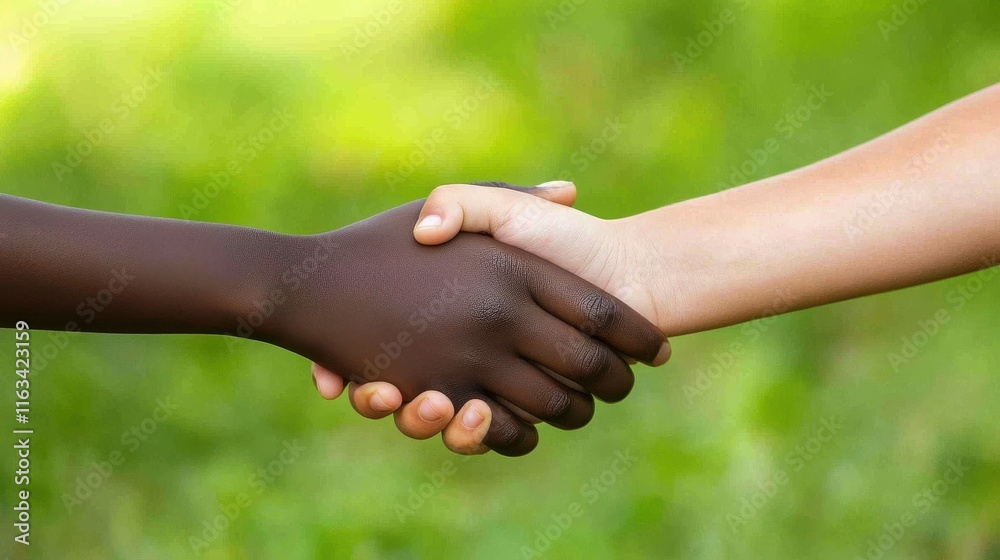 Close-up of two hands, one dark-skinned and one light-skinned, engaging in a firm handshake against a vibrant green background symbolizing unity and friendship. Close-up of two hands, one dark-skinned and one light-skinned, engaging in a firm handshake against a vibrant green background symbolizing unity and friendship.